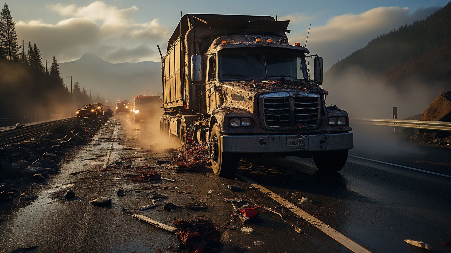 A dump truck is driving down the road.