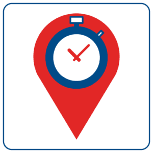 A red and blue pin with an alarm clock on it.