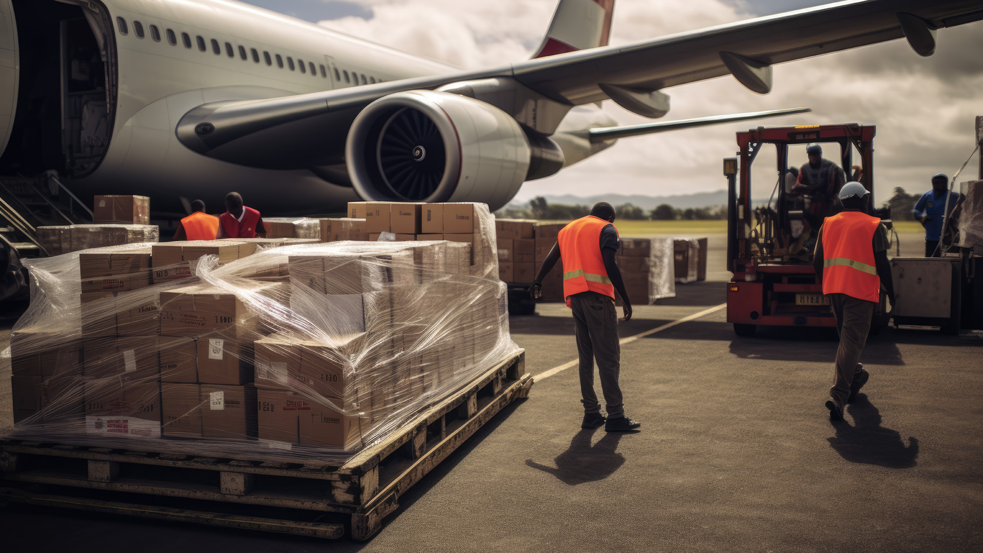 A man in an orange vest loading boxes onto a plane.