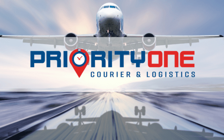 A large jetliner flying over a runway with the words " priority one courier & logistic ".