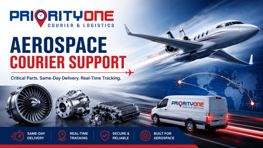 Priority One Courier & Logistics providing aerospace courier services, same-day critical aircraft parts delivery, and real-time tracking across Southern California.