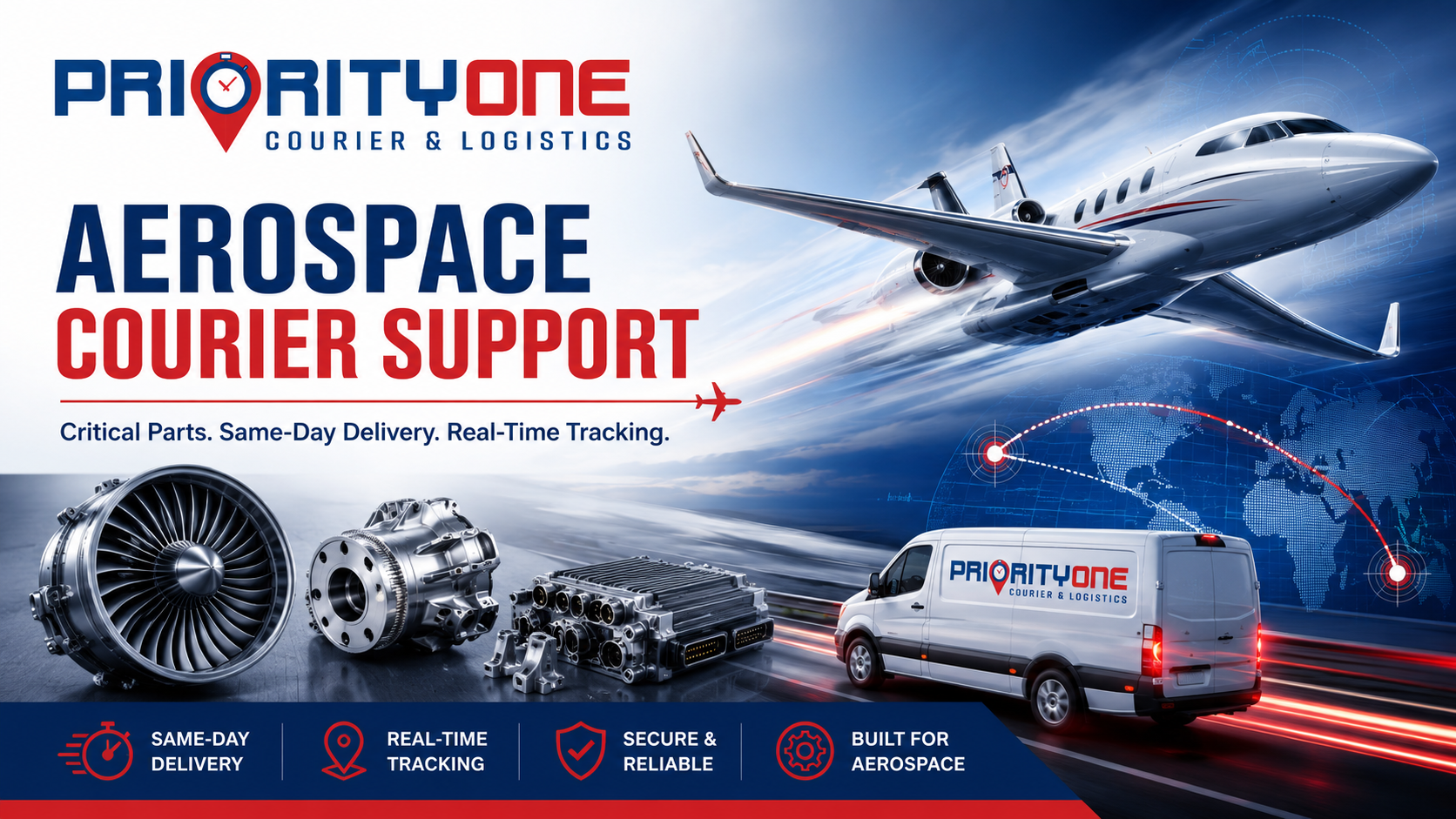 Priority One Courier & Logistics providing aerospace courier services, same-day critical aircraft parts delivery, and real-time tracking across Southern California.